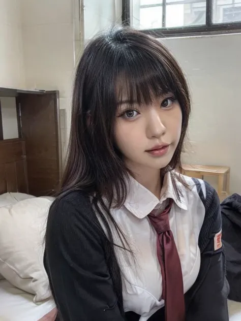 arafed asian woman in a school uniform posing on a bed, a picture by Nagasawa Rosetsu, tumblr, shin hanga, cute schoolgirl, japanese girl school uniform, of a schoolgirl posing, wearing japanese school uniform, japanese school uniform, hyperrealistic schoo...