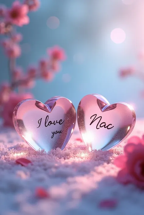 Two beautiful crystal hearts with writing in one "I love you " And in the other "mac"