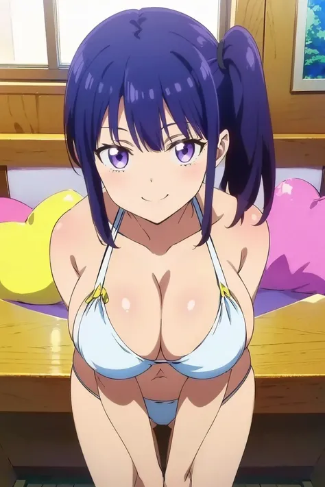 JK,( Masterpiece),( top quality),(ultra detailed),( highres),2D, anime, ( Anime art), lineart , watercolor,loli,(1 girl),smile,(purple hair),(side ponytail),(short hair), (mega breasts:1.6),(swim suit),(white bikini)