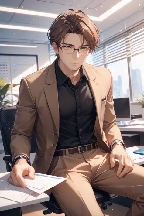 score_9, score_8_up, score_7_up, semi-portrait, solo, 1man, ((Eyes with high detail, no defects, pupils of equal size)), green eyes, elegant glasses, black frame, mature, middle age, stubble, brown hair, short hair, brown office jacket, black shirt, brown ...