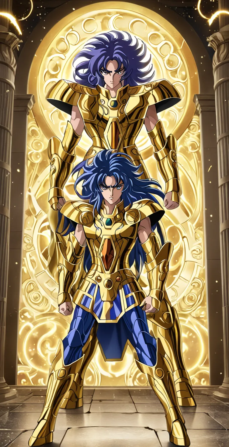 Masterpiece,  Best Quality,  Anime,  Gold Saint,  Gemini Saga,  Gemini Cloth,  Full View, Gemini Zodiac Temple,  Looking At Viewer,  High Resolution,  High Detailed,  Saint Seiya Anime Style, Stunning Visual CG