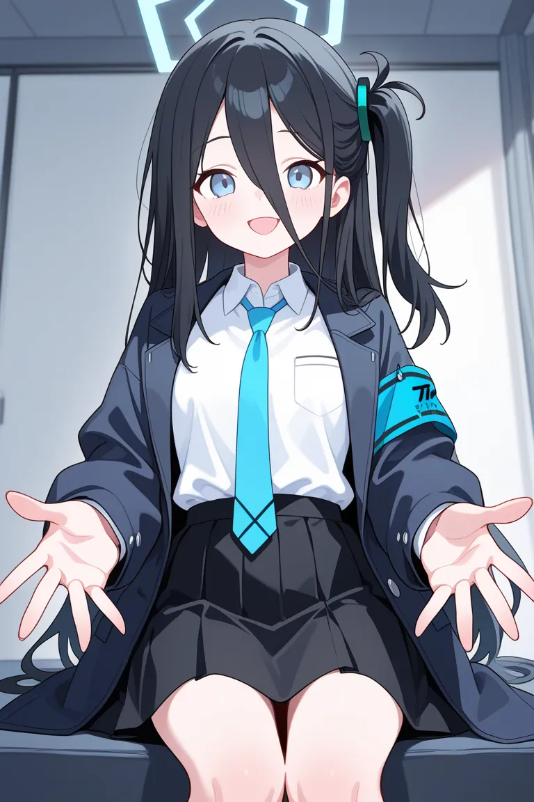  Blue Archive characters　Tendo Alice（ lori、 black hair、 long hair、 long bangs、 side tail、black square barrette、black knee-length skirt、 white shirt、 light blue eyes、 light blue tie 、 oversized jacket、Smooth-too-titted）　 from an oblique point of view　 is co...