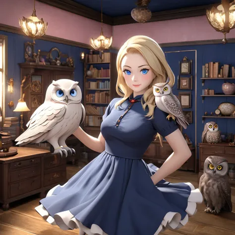 Middle-aged woman,Age 45 years, blue eyes, blond,Pinkish white skin, sweet pages,Play with owls, wearing a vintage navy dress,. The background is a magic professor's room,3D Image, Fantasy