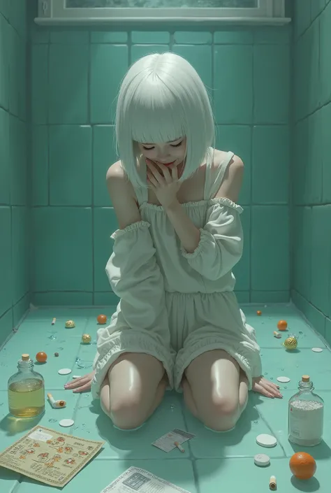  a girl with white hair bob-cut drowning in medicine 。 the pose looks down and strangles herself 。Clothes are pajamas 。The expression is a crying smile 。 cigarette butts, an empty bottle of medicine, and an empty medicine sheet on the floor。