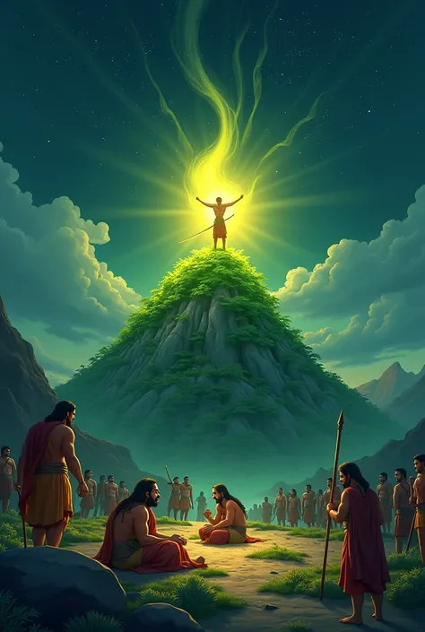 In cinematic 3d cartoon style”
	2.	The Mountain (Sanjeevani Booti):
	•	A lush green mountain with glowing medicinal herbs.
	•	A divine aura around the Sanjeevani plant to highlight its magical properties.
	3.	The Battlefield Below:
	•	Lakshman lying uncons...