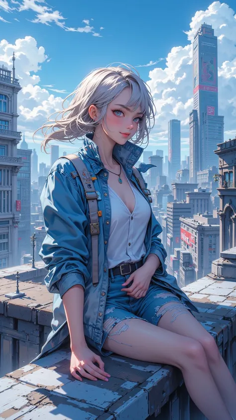  An outstanding piece of art ， Quality ， Content Detailed ， Score 9 points or higher 。 Imagine a stylish blue wave wave Female image， Wearing an open denim shirt and torn shorts ， Elegantly sits on the roof 。 She smiles gently at the audience ，Perspective ...