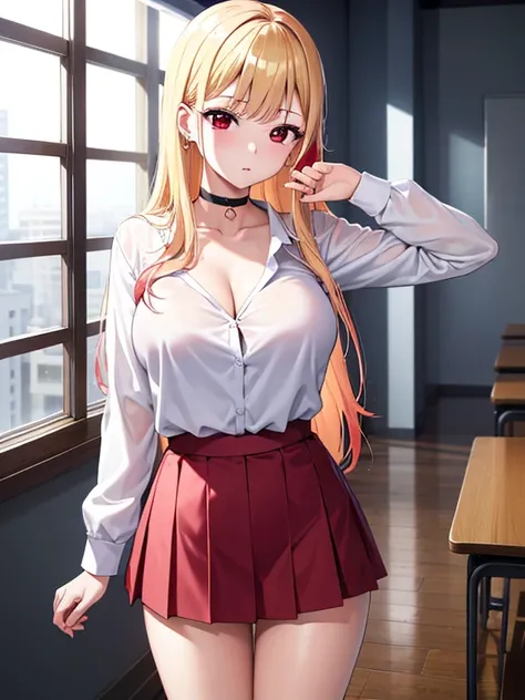 Shooting in the classroom,Reflect the whole body, one girl , one girl ,Marine Kitagawa,  Kitagawa Marin popochichi , Blonde Hair, Choker,  ear piercing, 珰, Medium straight hair, earrings, (Red Eyes:1.5),  Straight Hair , Swept bangs,  gradient hair,Blonde ...