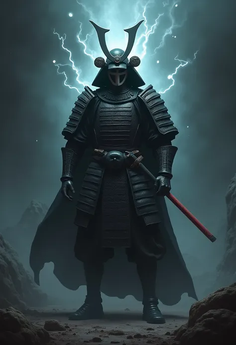 samurai in dark armor, muscular, mystical energy