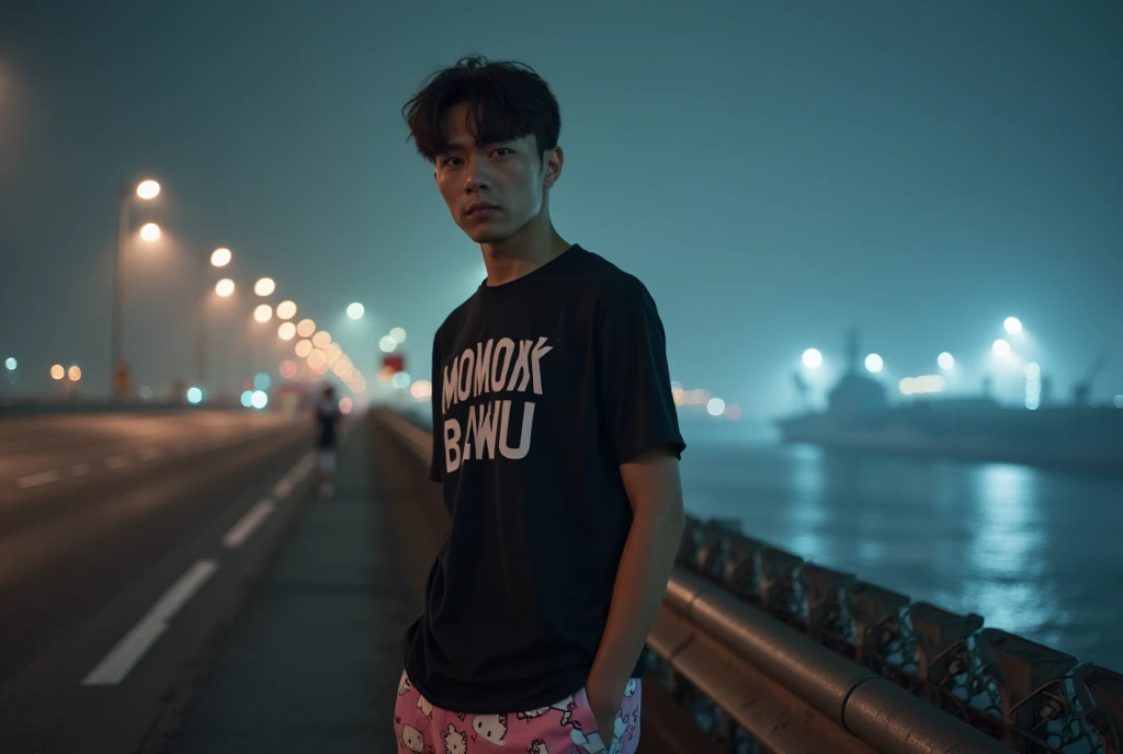 View side. Face looking at the camera. A handsome Korean man with brown hair and a serious face, wearing a black T-shirt with the words "MOMOK BAWU" and shorts with a pink Hello Kitty picture, he is standing on the edge of the ship's harbor road, a large c...