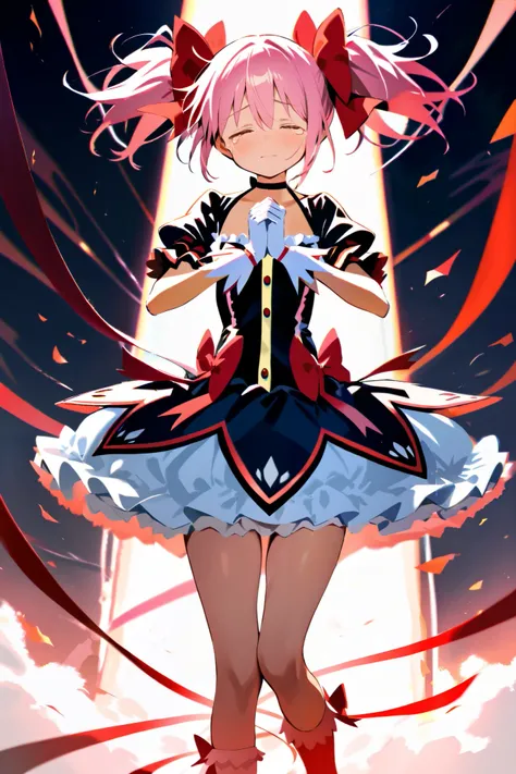 (  top quality,   masterpiece:1.2),   very detailed face,   girl,    Kaname Madoka  ,   pink hair,    short twin tail ,   Tiny Breasts Sitting and Praying Poses
Madoka costume,
Red Shoes,   gloves for legs only,   socks,   Layered Skirt  ,   Ruffle Skirt T...