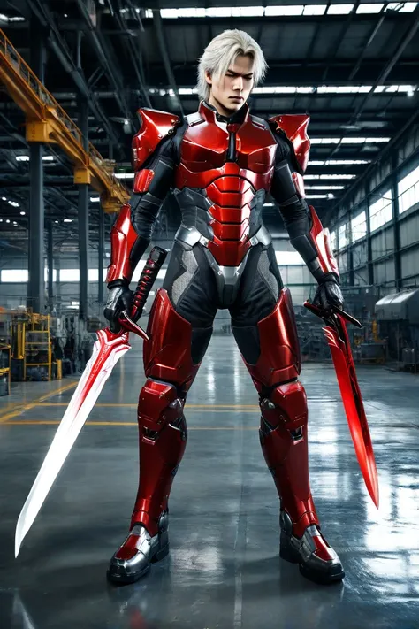 Photorealistic, Real Life, Handsome  young clean shaved Raiden from Metal Gear Rising Revengence wearing metal gear rising shiny metal armor holding electricifying red sword standing on Industrial Floor inside Metal Gear Industrial Factory 