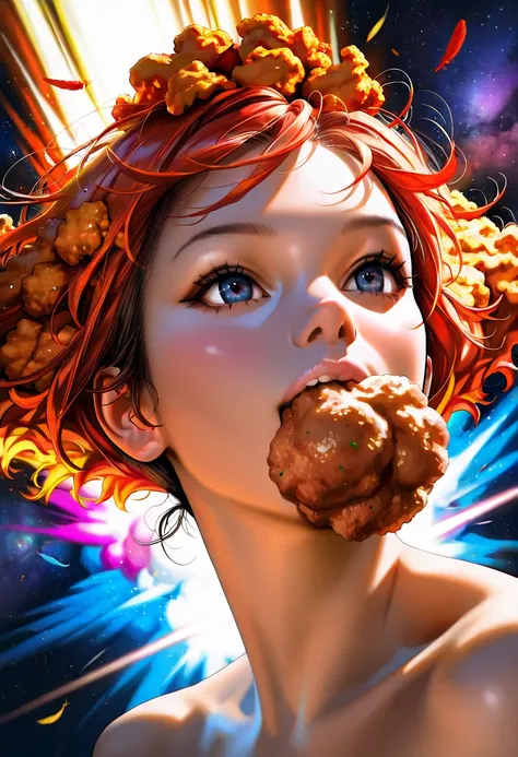 Masterpiece, (highest quality, create a high resolution,4k, 8k),(realistic, photorealistic: 1.5), (Spicy fried chicken),((flying fried chicken with the outer space behind it)) ,Spicy fried chicken, an explosion of light and seven colors,colorful ,An explos...