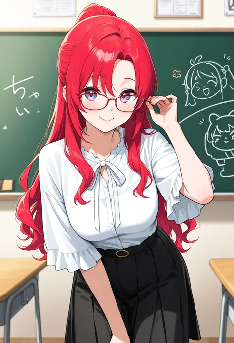   Please draw a scene where a cute red-haired female teacher is teaching the students with a smile in the classroom。Her hair is bright red、 is shoulder-length and lightly wavy 。she wears glasses、 gentle expression 。 The outfit is casual yet 、A clean white ...