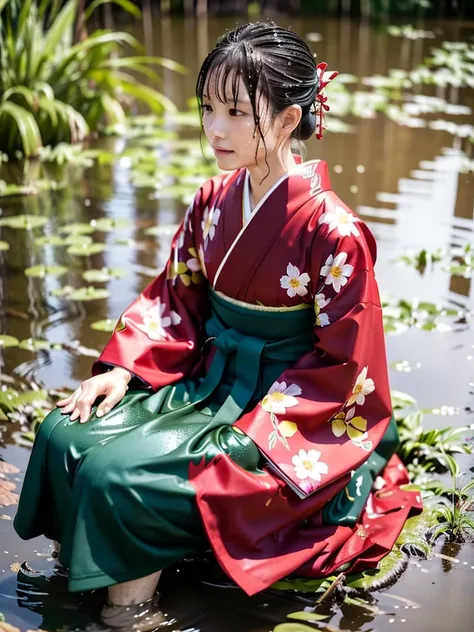 Realistic, long-sleeved kimono, hakama, long hakama, floral patterned kimono, wet clothes, soaking wet clothes, wet and shiny clothes, clothes with a wet texture, clothes that stick to the body, wet clothes, soaking wet, sinking in water, immersed in a swa...