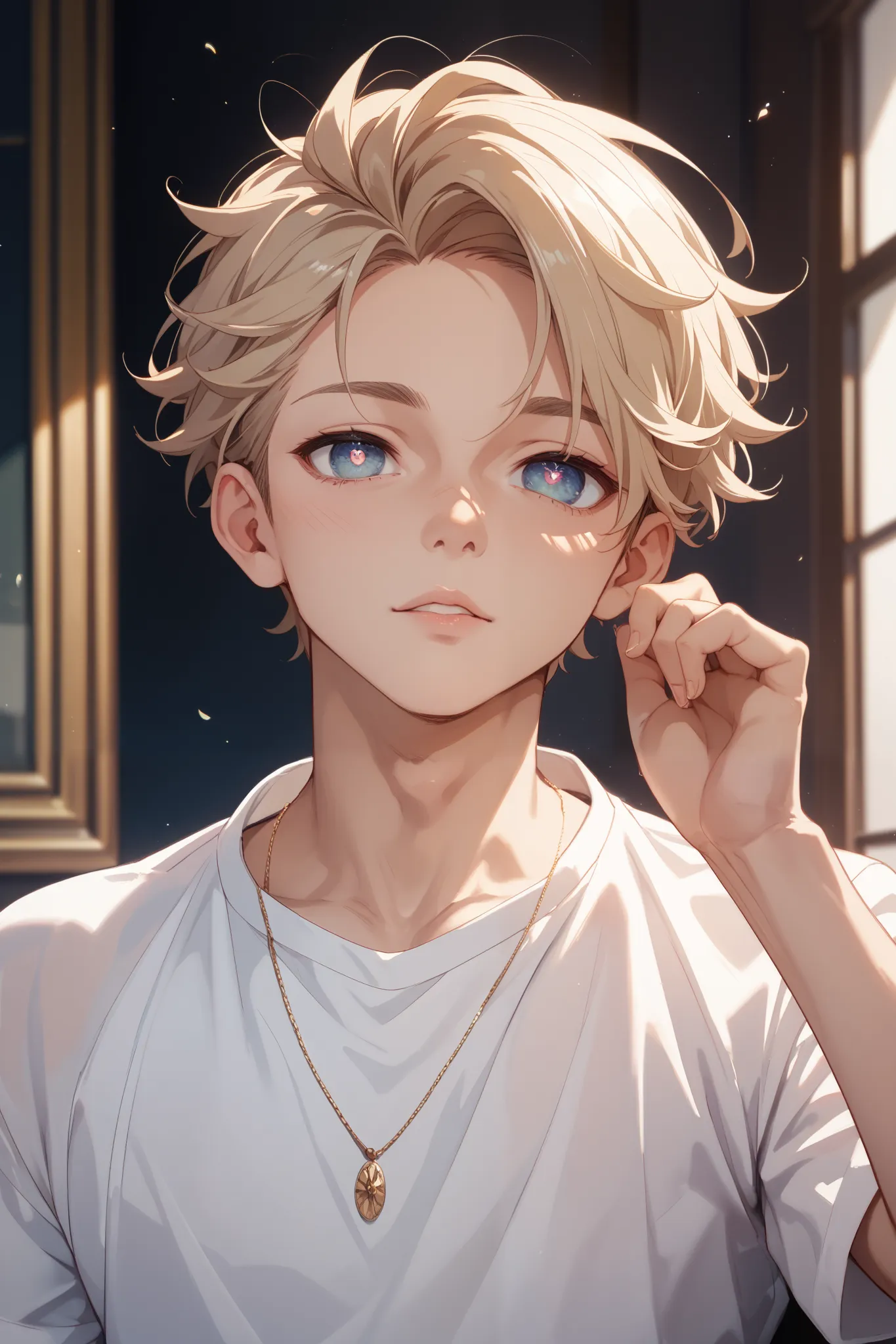 Very beautiful boy、 neutral、Single eyelid pupil、 stares、 white shirt、Narrow eyes、indoor、