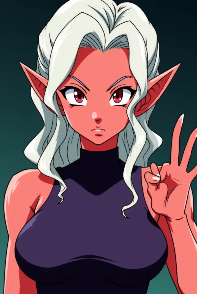 Female, light red skin, pointy ears, athletic and slim demon who is from Demon Realm, with red eyes. Appears average height, has white blonde hair, attractive and hot appearance, powerful, sexy. Revealing black tank top. From Dragon Ball anime Verse living...