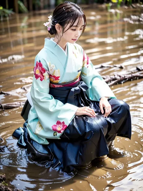 Realistic, long-sleeved kimono, hakama, long hakama, floral patterned kimono, wet clothes, soaking wet clothes, wet and shiny clothes, clothes with a wet texture, clothes that stick to the body, wet clothes, soaking wet, immersed in muddy water, sinking in...