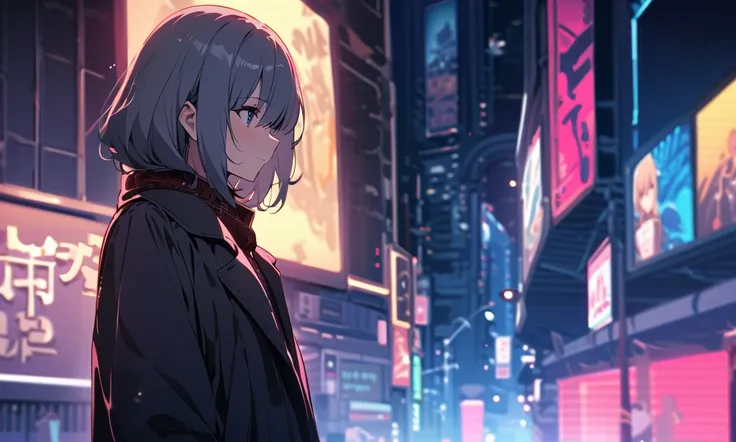 (非常に DetailsなCGユニティ8kの壁紙),  night city，(( top quality)), (( Masterpiece)), (  Details), A young woman is standing alone on a dim street。 facing sideways 、 is crying、 The neon light in the background is blurry 、 reminiscent of a dreamy afterimage 。Her face ...