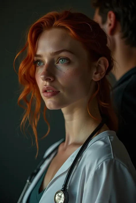 I want a woman with red hair and freckles looking to the side, with thin lips, Delicate features and freckles,  is 22 years old , Is a doctor . Behind her, a much taller man., and very attractive , Touching her arm with his fingers,  They look into each ot...