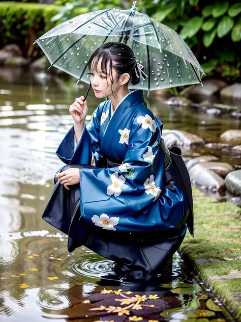 Realistic, long-sleeved kimono, hakama, long hakama, floral kimono, wet clothes, soaking wet clothes, wet shiny clothes, clothes with a wet texture, clothes that stick to the body, wet clothes, rain-soaked clothes, soaking wet, submerged in water, on all f...