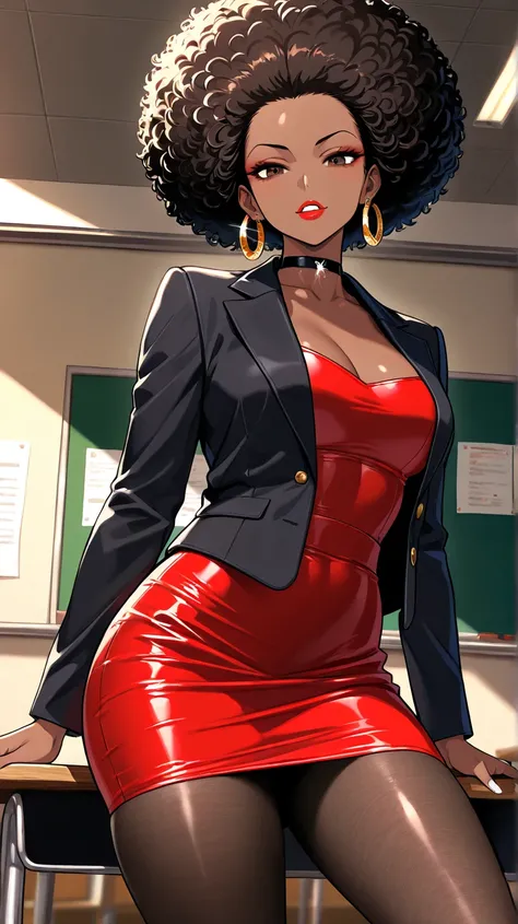 1Woman, Mature, Adult, Ebony, African American, Dark Brown Skin, Jet Black Curly Afro, Shiny Hair, Afro Pulled Back, Forehead, Dark Brown Eyes, White Nails, Red Lipstick, Dark Brown Eye Shadow, Red Bodycon Dress, Black Blazer Jacket, Black Pantyhose, Black...