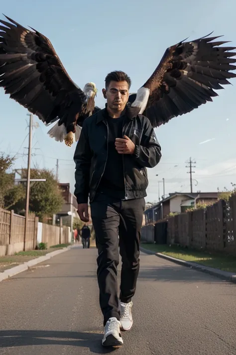 A man wearing a black jacket and shoes was walking accompanied by an eagle that was bigger than him..