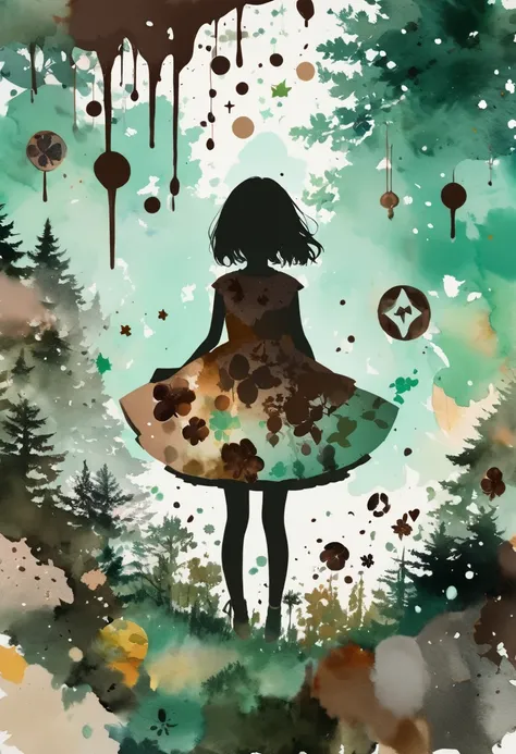 (masterpiece, best quality),(multiple exposure silhouette: 1.2), watercolor print collage depicting,little-girl wearing layered dress,she is floating in the brown and mint forest,she is surround by mint and chocolate symbols,paint splatters, collage art, c...