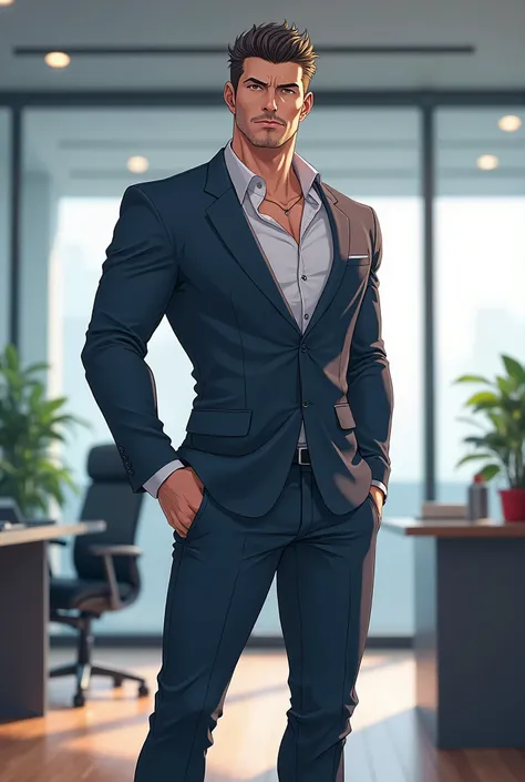 anime, handsome tall man, masculine body, age 26, matured face jawline, tall 188 cm, in the office