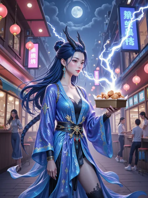 A rift in time and space suddenly appears above the bustling modern food street. Amidst the swirling vortex of light and energy, Aorun, the Dragon King of the West Sea, descends from the sky, his body glistening with colorful scales. He is wearing a robe a...