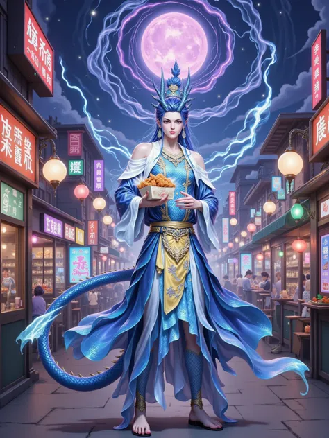 A rift in time and space suddenly appears above the bustling modern food street. Amidst the swirling vortex of light and energy, Aorun, the Dragon King of the West Sea, descends from the sky, his body glistening with colorful scales. He is wearing a robe a...