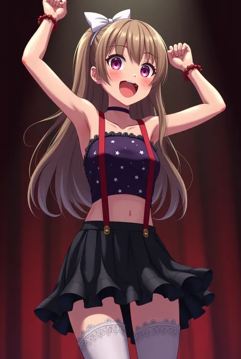 anime girl with dark purple strapless top with star patterns, sleeveless, black frilly miniskirt, red suspenders, and white bow in hair, light long brown hair, standing in a dark room, bracelet, standing, circus backstage, cheerful, playful pose, toned arm...