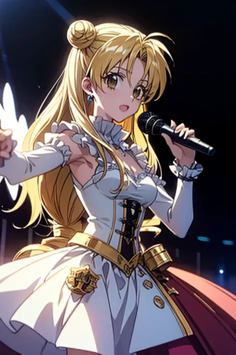 hair_bun drill_hair straight_hair Outfits include white_dress mitsuki_fullmoon, (((white angel wings))), Singing and dancing on a fancy broadcasting station stage, (((holding a white microphone in his hand))), masterpiece, masterpiece_portrait, distinct, d...