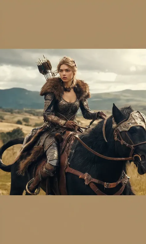 arafed  beautiful woman riding on a horse with a bow and arrow, wearing intricate fur armor, epic fantasy style, imogen poots as a paladin, imogen poots as a holy warrior, still from a fantasy movie, fantasy movie still, imogen poots as holy paladin, imoge...