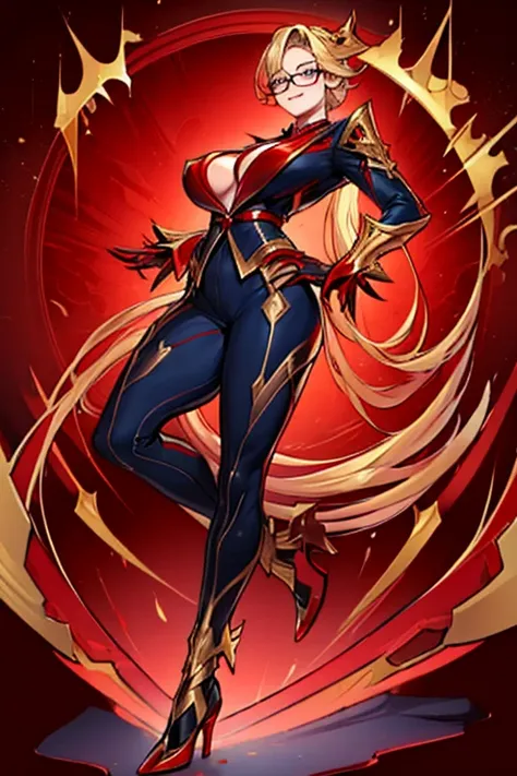 female, long blonde hair, blue eyes, (((1girl))), (((red suit with gold trim)), (black pants), (gold heels), (gold clawed gauntlets), (black gloves), (glasses), cute and sexy, full body, huge breasts, long legs, smiling