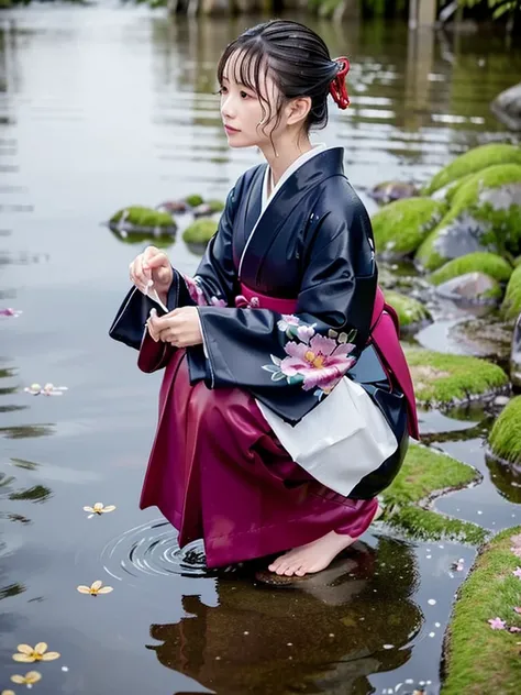 Realistic, long-sleeved kimono, hakama, long hakama, floral kimono, wet clothes, soaking wet clothes, wet shiny clothes, clothes with a wet texture, clothes that stick to the body, wet clothes, rain-soaked clothes, soaking wet, submerged in water, on all f...