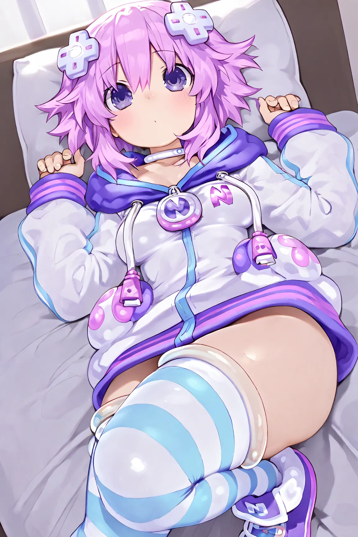 ((breasts bigger than body)) ,Neptune \(neptunia)\,purple eyes, purple hair, short hair, sidelocks, d-pad hair ornament,
choker, shoes, white choker, hoodie, jacket, striped, striped legwear, thighhighs, lying in bed