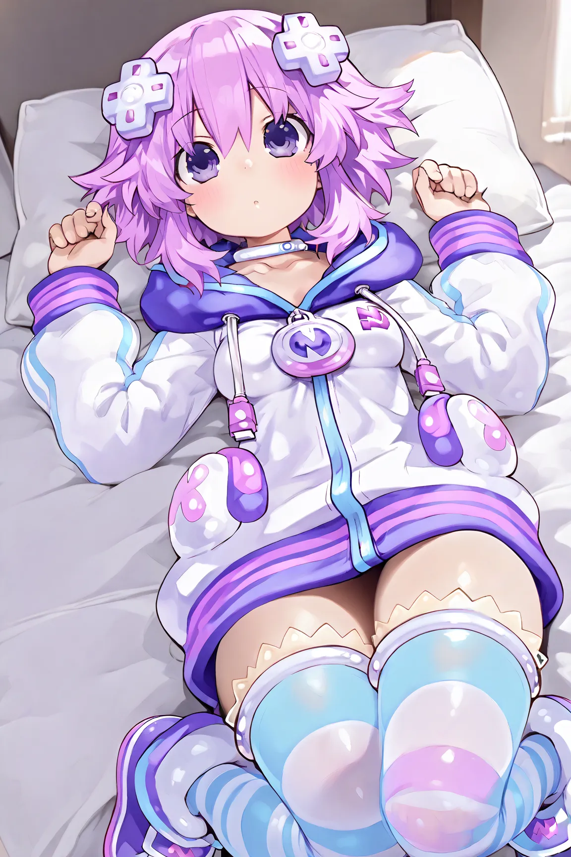 ((breasts bigger than body)) ,Neptune \(neptunia)\,purple eyes, purple hair, short hair, sidelocks, d-pad hair ornament,
choker, shoes, white choker, hoodie, jacket, striped, striped legwear, thighhighs, lying in bed