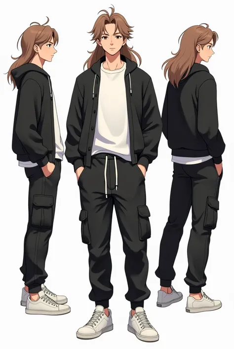 A young male anime character, light-skinned with a muscular build, featuring long light brown hair that flows naturally. He is presented in various views, including front, profile, and back. Wearing black cargo pants with a white drawstring, a white t-shir...