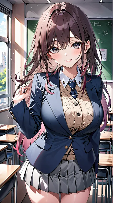 ((masterpiece、Highest quality、Very detailed))、One girl、Brown Hair、Long Hair、Grey Eyes、smile、big breasts、((Navy blue blazer))、((light brown cardigan))、((gray pleated skirt))、((mini skirt))、Cowboy Shot、Classroom Background