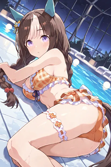 Nsfw.Night pool, Night pool poolside, Hokko Tarumae ( umamusume),brown hair,two-tone hair,twin long braids,purple eyes,horse girl,horse ears,ear cover,horse tail, orange bikini,  plaid bikini,  Frilled Bikinis ,  bikini skirt,  Bridal Garters ,  thigh stra...