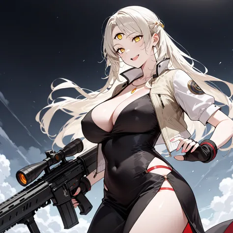 Score_9, score_8_up, score_7_up, source_semi-real, rating_safe, rating_questionable;; 1woman, solo, opera vectra;; looking happy, dangerous pose, holding high-tech rifle, white and silver Barrett 50 caliber sniper rifle with sci-fi elements, erect nipples,...