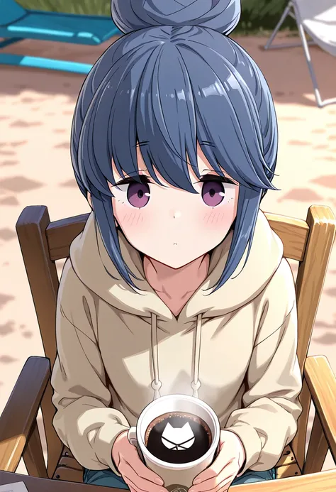 8k resolution ,master piece, best quality, shima rin, yurucamp , drink coffee in mag, campchair, sitting on chair, solo