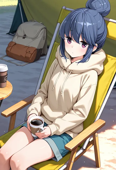 8k resolution ,master piece, best quality, shima rin, yurucamp , drink coffee in mag, campchair, sitting on chair, solo