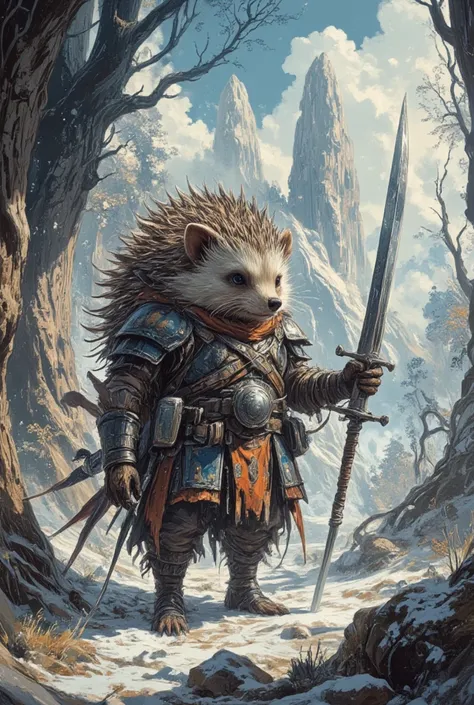 hedgehog viking,Fantasy Style,  masterpiece, Best quality, Super Detail,4K, standing in a Scandinavian winter forest ,  extremely detailed 8k photo with very realistic presentation,  dramatic lighting ,  kinematic composition , epic fantasy scene , sword i...