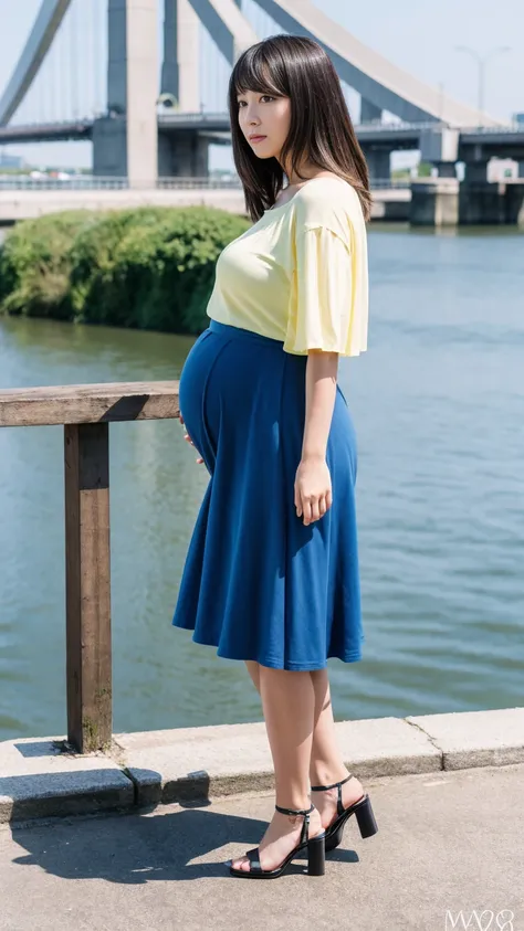 masterpiece, Best Quality, 8K,looking at the viewer,Japanese Lady,20 years old, huge pregnant, Voluptuous, bridge background, smock shirt, midi skirt, shoulder length hairstyle, standing 