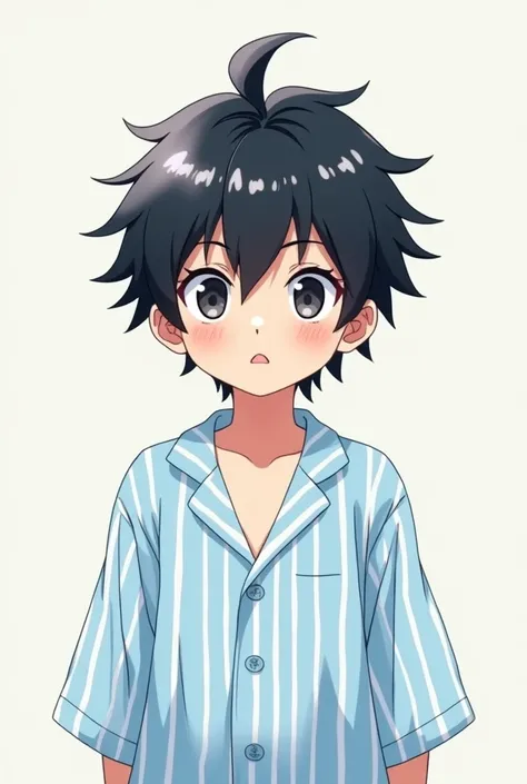 Anime 2D 4k HD 
The Boy 
Messy black and white hair 
Vertical Striped Light Blue Nightgown