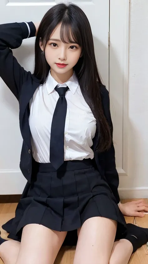 nsfw, Best Quality、High resolution、A beautiful high school girl spreads her legs to show off her pussy、Long Black Hair、big breasts、school uniform、long sleeve shirt、  miniskirt 、 ties、Great style、nsfw, laying on floor ,  legs wide open :1.5, Pussy:1.5, Deta...