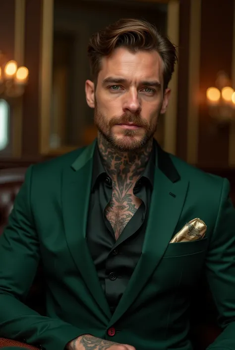 A beautiful man, ele tem 35 years anos, he is strong, He is tall,  he has light brown hair executive cut ,  he has a thin beard,  he has green eyes, He has tattoos on his hands ,  he has tattoos on his neck, He wears an impeccable dark green suit expensive...