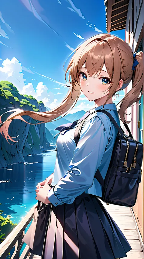 ((masterpiece)), ((best quality)), ((highres)), ((extremely detailed CG unity 8k wallpaper)), solo, girl with brown long twintail hair blue shading, , tan school uniform, dark blue shirt skirt,carries black schoolbag,  she smiles, beautiful  blue sky scene...