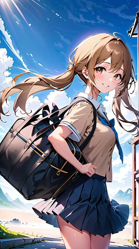 ((masterpiece)), ((best quality)), ((highres)), ((extremely detailed CG unity 8k wallpaper)), solo, girl with brown long twintail hair blue shading, , tan school uniform, dark blue shirt skirt,carries black schoolbag,  she smiles, beautiful  blue sky scene...